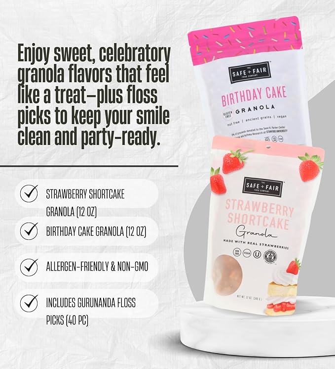 The Safe And Fair Food Company Granola Strawberry Shortcake 12 OZ Birthday Cake 12OZ Bundle with Dental Floss – Allergen-Free Plant-Based Granola with Clean Ingredients – Gift Set (3 Items)