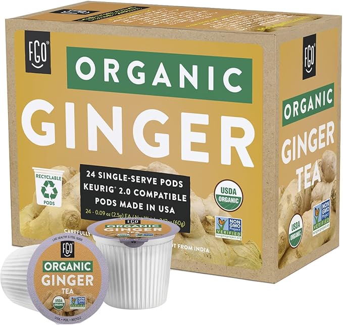 Organic Ginger Tea K-Cup Pods 24 Pods by FGO - Compatible with Keurig - Naturally Caffeine-Free Herbal Tea USDA Organic Non-GMO &amp Recyclable