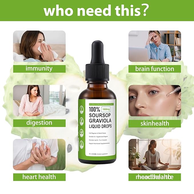 Soursop Graviola Liquid Drop 100% Organic Pure Soursop Leaves and Fruit Extract Soursop Bitters Liquid Soursop Extract Organic Pure 1800mg Sugar/Gluten Free Natural Flavor