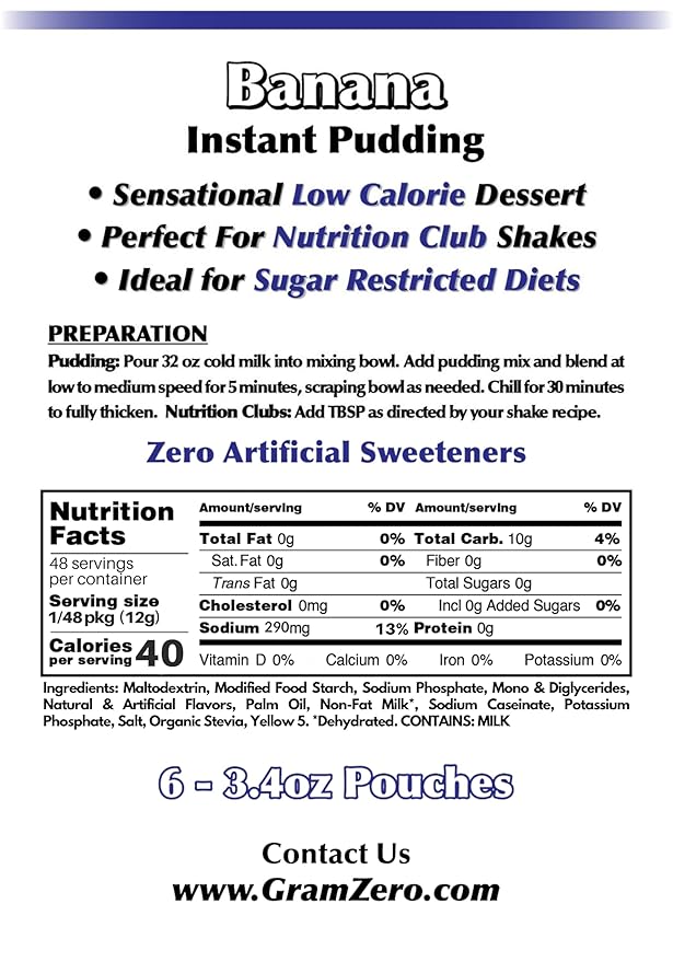 GramZero Banana Sugar Free Pudding Mix 6-Pack Great For Nutrition Club Meal Replacement Shakes Low Calorie Dessert Stevia Sweetened