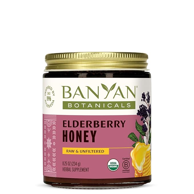 Banyan Botanicals Organic Elderberry Honey – With Sambucus Amla &amp Marshmallow ­­– Elderberry Immune Support for Kids &amp Adults* – 8.25 Oz – Raw Unfiltered Pollinator-Friendly Sustainably So