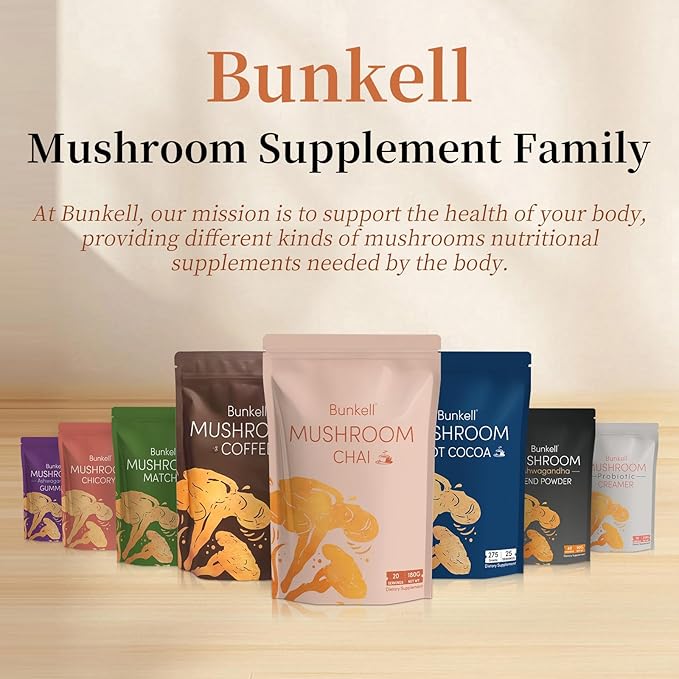 Bunkell Mushroom Chai Adaptogenic 6 Mushrooms with Lion's Mane Reishi Cordyceps Shiitake King Trumpet &amp Turkey Tail Chai Powder for Energy Focus Digestion &amp Immune Support 20 Servings