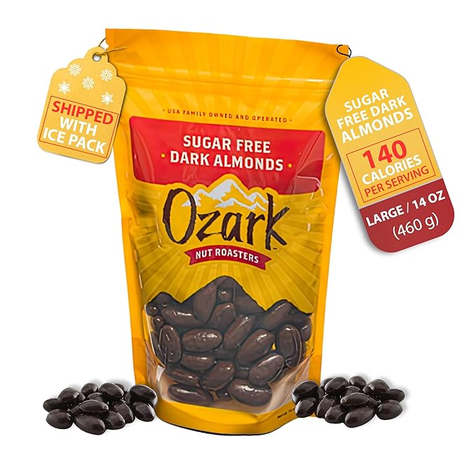OZARK NUT ROASTERS Sugar-Free Dark Almonds Dark Chocolate Flavored Snacks No Sugar Added World-Class Gourmet Candied Nuts Resealable Pack (14 oz)