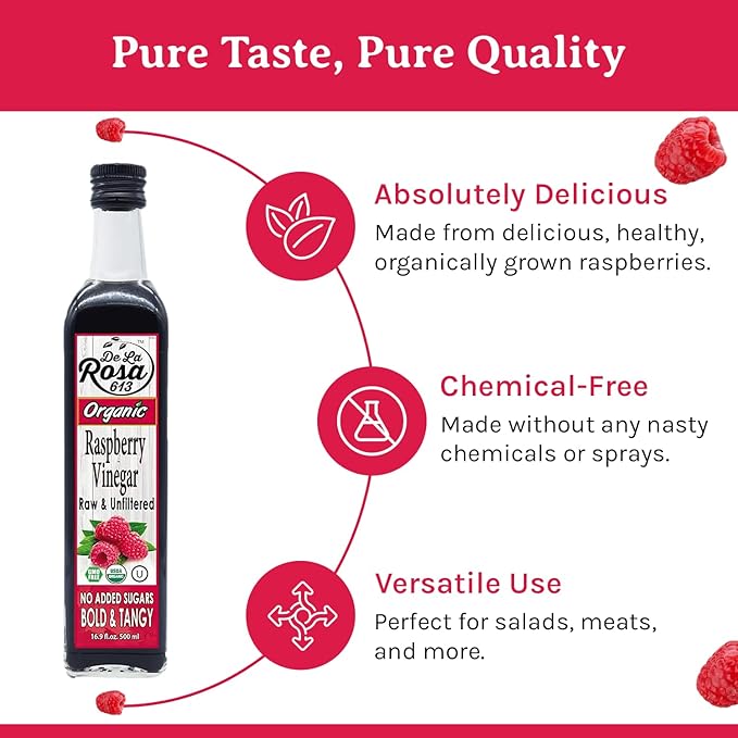 De La Rosa Raspberry Vinegar Organic Raw &amp Unfiltered Pure Vinegar Vegan Gluten Free &amp Kosher Raspberry Vinaigrette Salad Dressing &amp Marinade 16.9 Oz (Pack of 2)