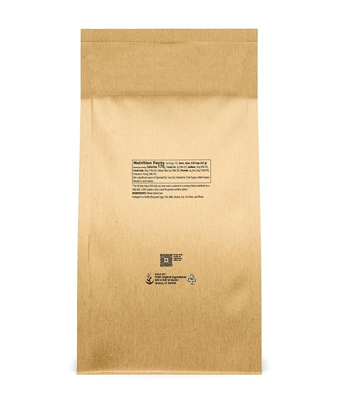 Pure Original Ingredients Rolled Oats (7 lb) Old Fashioned Mild Flavor Soft Texture Resealable Eco-Friendly Packaging