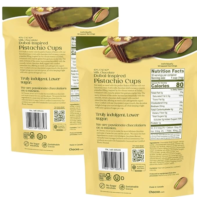 Milk Dubai Chocolate Inspired Pistachio Cups Individually Wrapped Milk Chocolate with Pistachio Filling 14.8 oz (30 Cups) – Pack of 2
