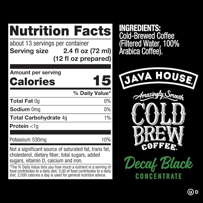 JAVA HOUSE Cold Brew Coffee Decaf Colombian 4:1 Liquid Concentrate 32 Ounce Bottle