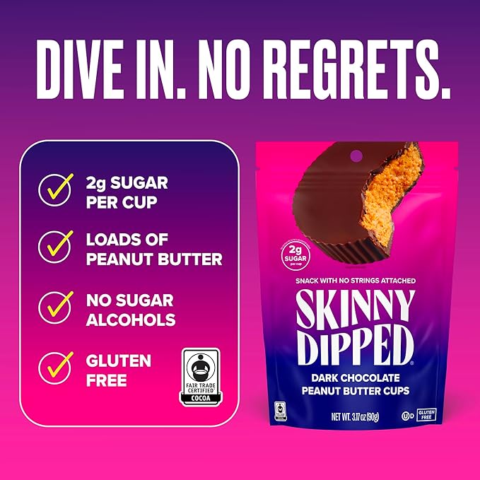 SkinnyDipped Dark Chocolate Peanut Butter Cups 2g Sugar per Cup Keto Friendly Low Carb Gluten Free 3.2oz 4 Pack (24 Cups Total)
