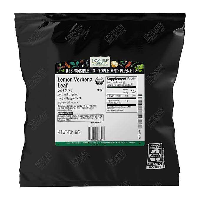 Frontier Co-op Organic Lemon Verbena Leaf Cut and Sifted Kosher Bulk Bag - Loose Leaf Lemon Verbena Tea - Cafe and Restaurant Supply | 16 Ounce (Pack of 1)