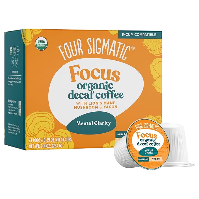 Four Sigmatic Decaf Mushroom Coffee K-Cups | Organic Dark Roast Coffee with Lion’s Mane &amp Yacon | Focus &amp Immune Support | Vegan &amp Keto | Sustainable Pods | 24 Count