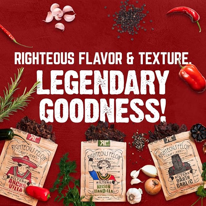 Righteous Felon Biltong Beef Jerky Variety Pack | South African Biltong Snack Packs for Adults | High Protein Keto-Friendly Low Sugar | Made with Premium Meats | Beef Jerky Gifts for Men | 3 Pack
