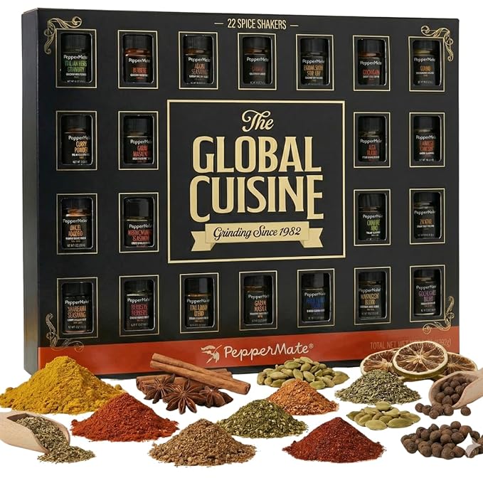 Global Spice Gift Set – 22 Gourmet Seasonings from Around the World in Plastic Jars – Premium Gift Box for Foodies Home Cooks &amp Travelers – All-Natural Small-Batch Flavorful World Spices
