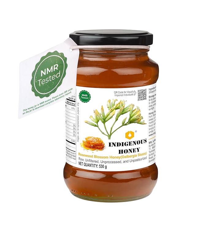 INDIGENOUS HONEY Rosewood Shisham Honey Raw Organic Natural Pure Unprocessed NMR Tested Unpasteurized Unheated 530g Glass Jar Pack of 1