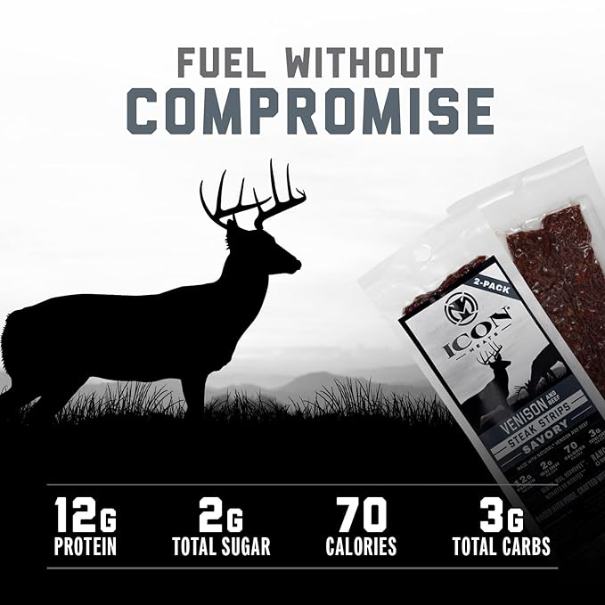 ICON Meats Venison and Beef Jerky Steak Strips Savory 8 High Protein Snacks Packs 2 Strips per Pack Low Sugar Gluten Free Natural USDA Inspected Made in the USA Gifts for Him