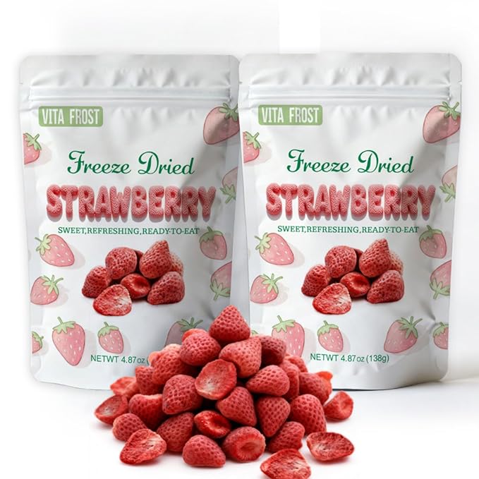 Vita Frost Freeze Dried Whole Strawberries (2 Packs of 4.87 oz) Frozen Dry Strawberry Crisps Natural Yummy Dehydrated Strawberry Slices Fruits Snacks Resealable Bag.