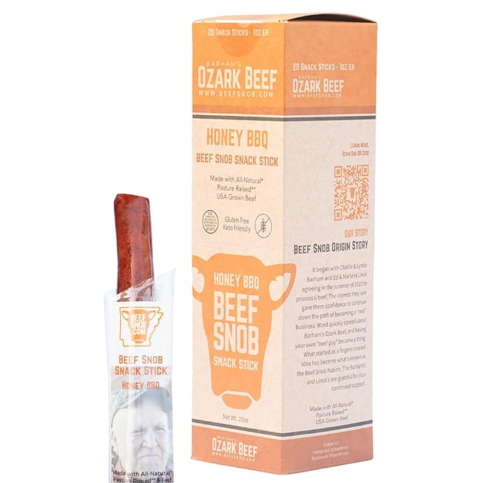Beef Snob Snack Sticks - Honey BBQ Flavor - 1 Ounce Snack - 20 Meat Sticks Per Box - High Protein Snack Keto Friendly Gluten Free Jerky Sticks