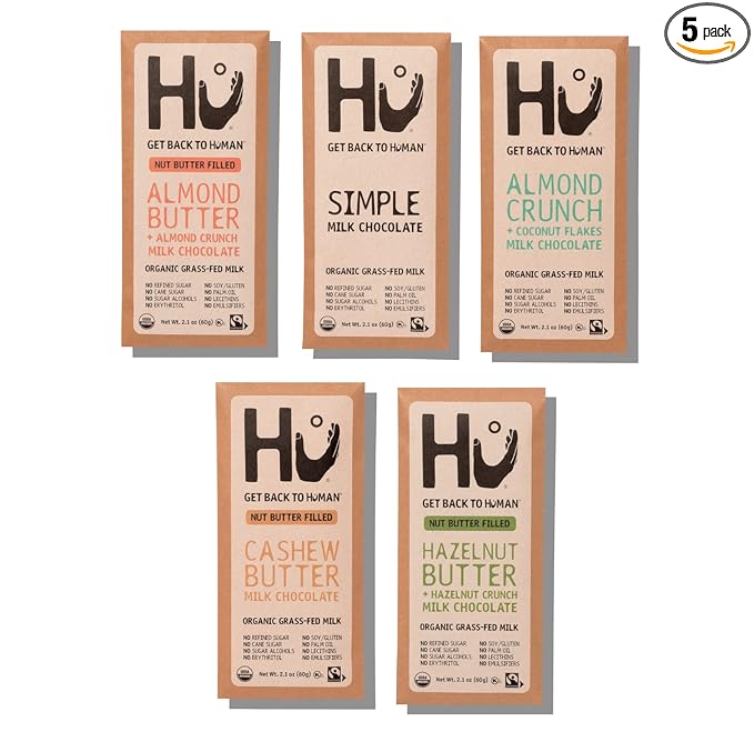 Hu Grass-Fed Milk Chocolate SAMPLER PACK | Hazelnut Butter Cashew Butter Almond Coconut Crunch Almond Crunch Simple Milk | Natural Ingredients Organic Milk Gluten Free Paleo Non GMO Fair Trad