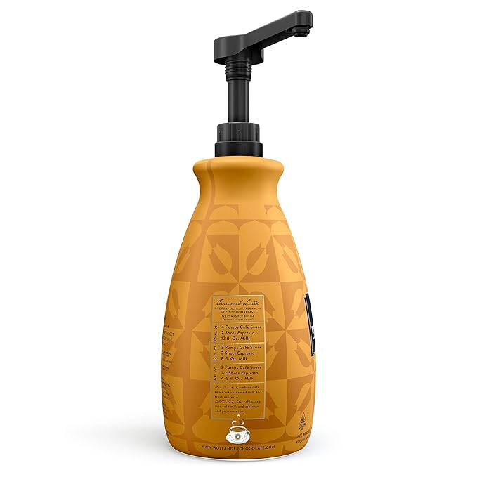 Classic Caramel Café Sauce by Hollander Chocolate Co. | For Caramel Lattes &amp Deserts | Perfect for the Professional or Home Barista - Net Wt. 91oz (64 fl Oz) Large Bottle (PUMP Included)