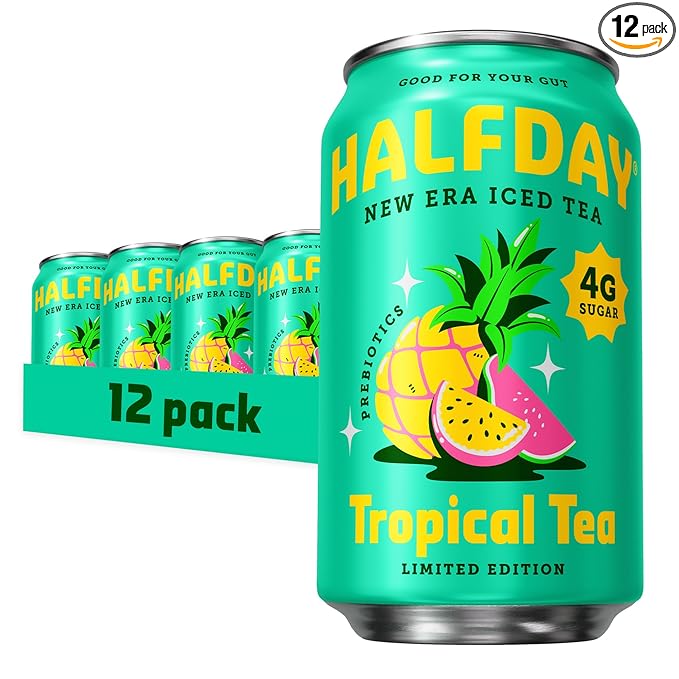HALFDAY Prebiotic Iced Tea Tropical Tea Supports Digestive &amp Gut Health Plant Fiber &amp Prebiotics Low Sugar 30 Calories Natural Caffeine Gluten Free 12 fl oz (12 pack) Packaging May Var