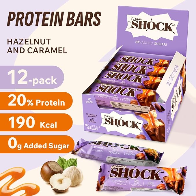 FitnesSHOCK Hazelnut Caramel Protein Bars – Low Sugar Snack Bar (1g Sugar 0g Added Sugar) – 10g Protein – Dessert-Inspired Snack – 12 Count