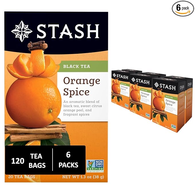 Stash Tea Orange Spice Black Tea - Caffeinated Non-GMO Project Verified Premium Tea with No Artificial Ingredients 20 Count (Pack of 6) - 120 Bags Total