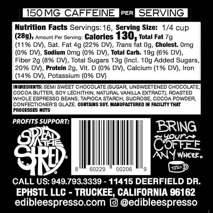 Edible Espresso - Dark Chocolate Covered Coffee Beans 150mg caffeine = one cup of coffee! Plant-based Dairy-Free Natural Energy. (1 pound / 16 servings)