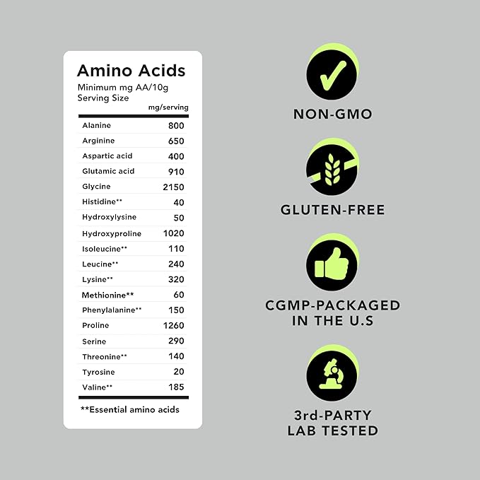 AMANDEAN Premium Gelatin Powder XL. Grass-Fed Beef Collagen Protein Supplement. Unflavored. Healthy Skin Hair Nails &amp Gut. Paleo Friendly Cooking and Baking. 18 Amino Acids. Non-GMO.