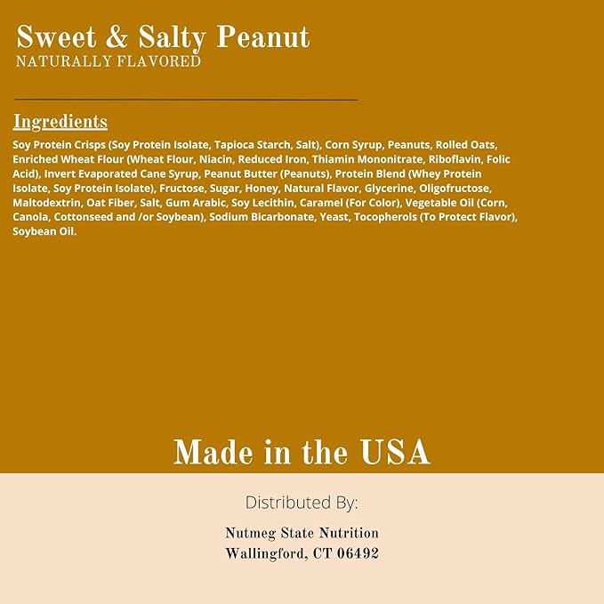 Nutmeg State Nutrition - High Protein Snack Bars 10g Protein 160 Calories Low Sodium 20g Carbs 2g Fiber 7 Servings Per Box (Sweet &amp Salty Peanut)