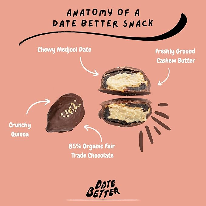 Date Better Cashew Lime Crisp Stuffed Medjool Dates - Dark Chocolate-Covered Dates Filled With Creamy Cashew Butter &amp Toasted Quinoa | No Artificial Sweeteners Gluten-Free &amp Vegan (6-Pack)