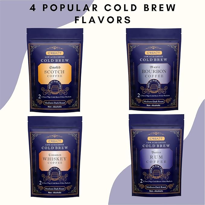 CREA8T Cold Brew Maple Bourbon flavored coffee - Pack of 4 Cold Brew GROUND Filter packets 2.5oz each totalling 10oz.