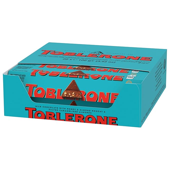 TOBLERONE Milk Chocolate Bar with Salted Caramelized Almonds and Honey and Almond Nougat Bulk Chocolate 20 - 3.52 oz Bars
