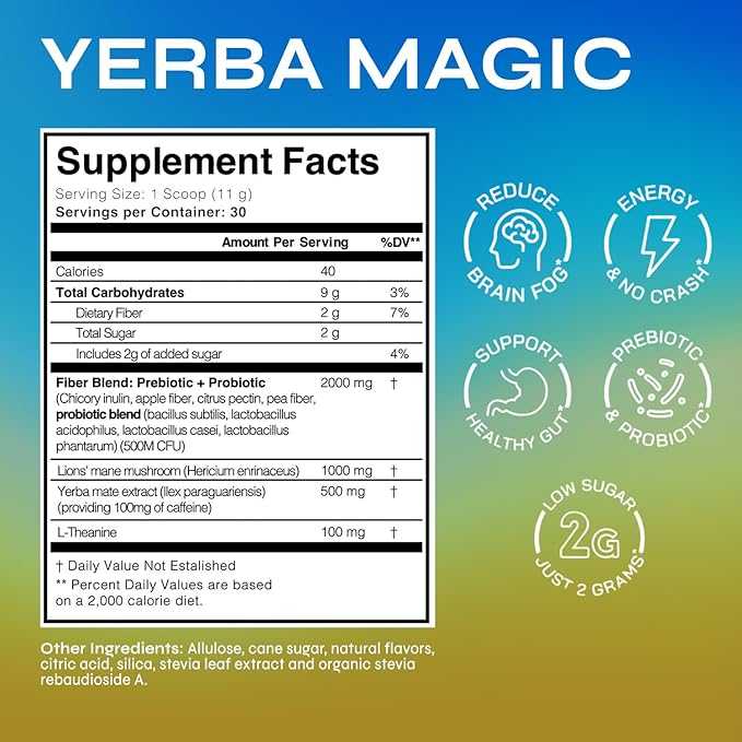 Yerba Magic – Yerba Mate Tea Instant Powder Super Drink with Nootropics Prebiotics &amp Probiotics – Clean Energy Mental Clarity &amp Gut Wellness | Low Sugar Natural Caffeine – Pina Colada 30 S