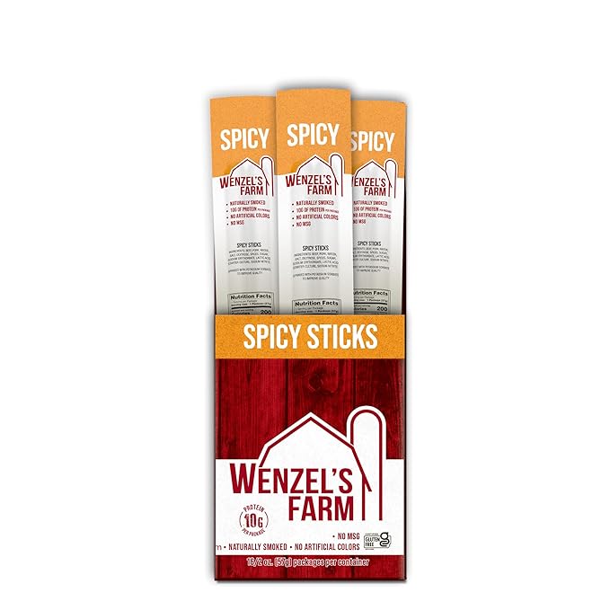 Wenzel’s Farm Spicy Sticks │Supports Active Lifestyles │ Flavorful Naturally Smoked │ High Protein Low Carb │ No MSG Fillers Binders Artificial Colors │ Gluten Free | 32 sticks (16 packs of 2)