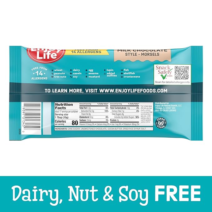 Enjoy Life Ricemilk Baking Morsels Milk Chocolate Flavor Gluten Free School Safe Non GMO Dairy Free Soy Free Vegan Nut Free Chocolate 12 Bags (9 oz) Bulk Chocolate