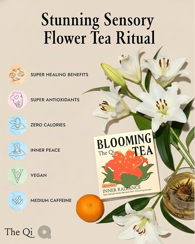 The-Qi Inner Radiance Osmanthus &amp Lily Blooming Flower w/Green Tea – 9 Pcs Handpicked All Natural Blooming Flower Tea – The Qi Gift Set for Relaxation &amp Wellness – Makes 27 Cups
