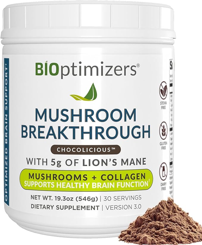 BIOptimizers Mushroom Coffee Alternative – Chocolate Drink – Lion’s Mane Chaga Reishi + Collagen Peptides for Focus Energy &amp Gut Health – Adaptogenic Mushrooms &amp MCT Powder – 30 Servings