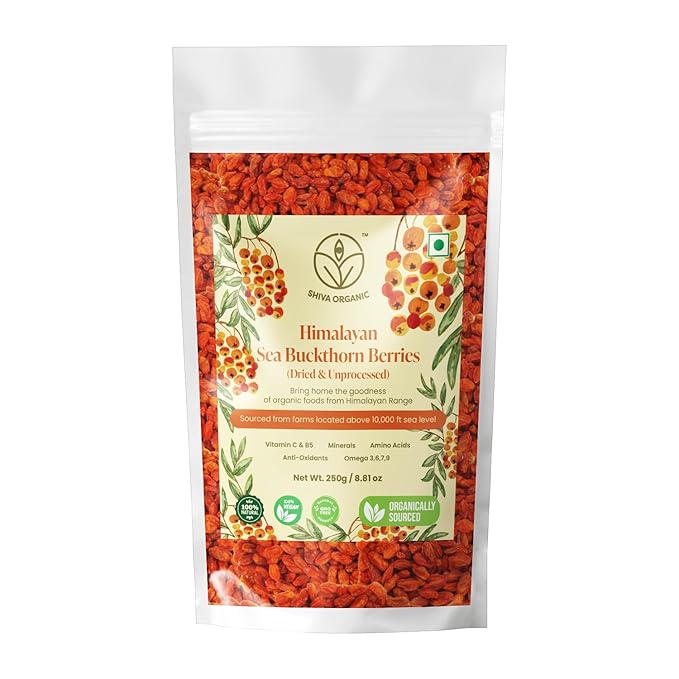 Shiva Organic Sea Buckthorn Berries Dried Whole Himalayan Sourced USDA Certified Organic Vegan Sun Dried No Additives (8.81 oz (250 g))