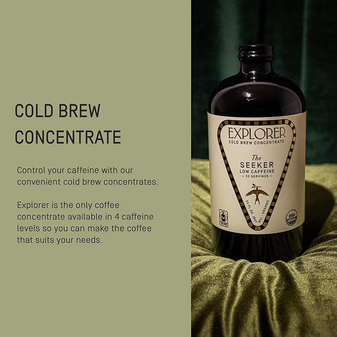 Explorer Cold Brew Organic Liquid Coffee Concentrate Seeker Low Caffeine Drink Iced or Hot 32 fl oz Makes 20+ Cups