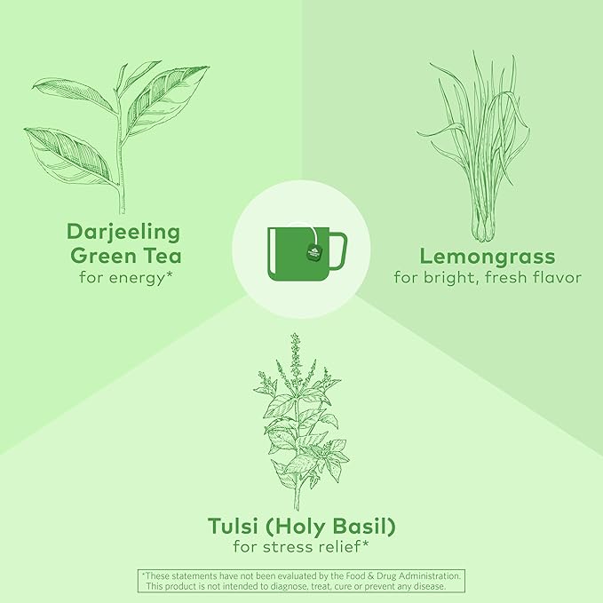 Organic India Tulsi Green Herbal Tea - Stress Relieving &amp Balancing Immune Support Adaptogen Vegan USDA Certified Organic Caffeine-Free - 18 Infusion Bags 6 Pack