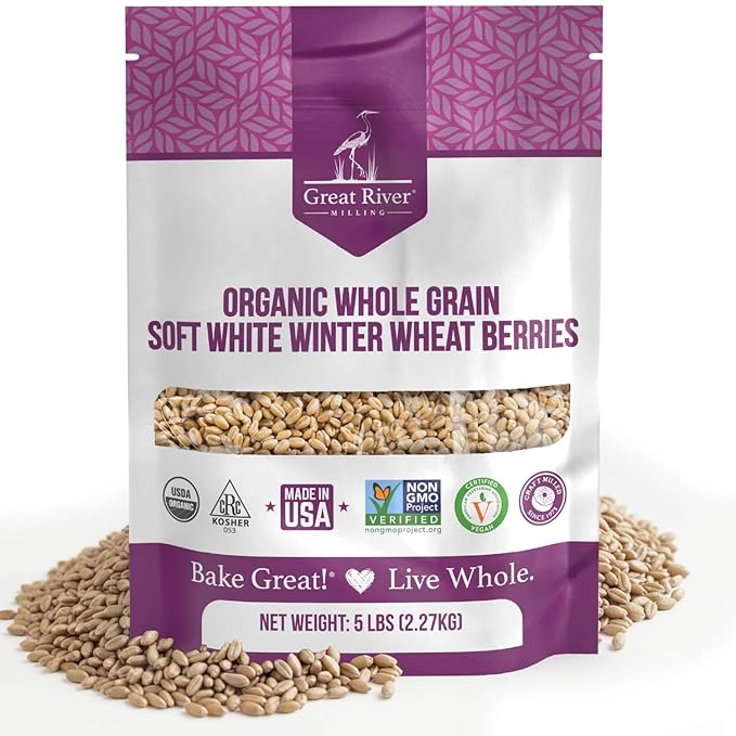 Great River Milling Organic Soft White Winter Wheat | Whole Grain Wheat Berries for Baking &amp Milling | USDA Organic Non-GMO Kosher | Ideal for Pastries Tender Breads Desserts Soup &amp Salad