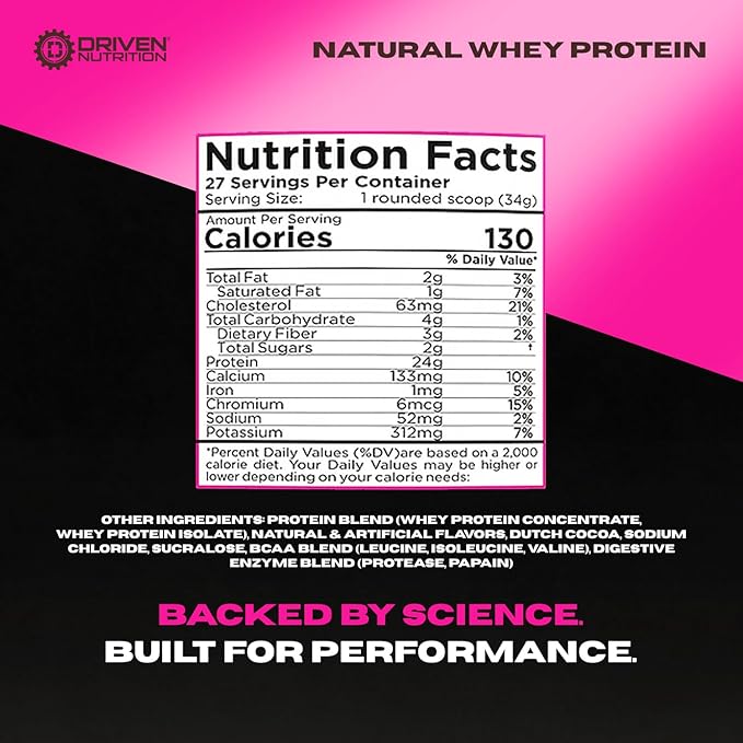 Driven WHEY- Grass Fed Whey Protein Powder: Delicious Clean Protein Shake- Improve Muscle Recovery with 23 Grams of Protein with Added BCAA and Digestive Enzymes (2 lb Chocolate Milkshake)