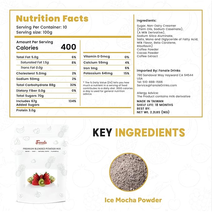 Fanale Premium Ice Mocha Bubble Tea Flavoring Powder | Perfect for Baking Smoothies Desserts and Drinks | Instant Flavoring Powder for Boba Milk Tea - 2.2 Pounds (Pack of 20)