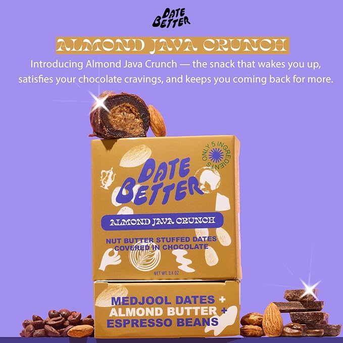 Date Better Almond Java Crunch Stuffed Medjool Dates - Dark Chocolate-Covered Dates Filled With Almond Butter &amp Espresso Beans | No Artificial Sweeteners Gluten-Free &amp Vegan (6-Pack)