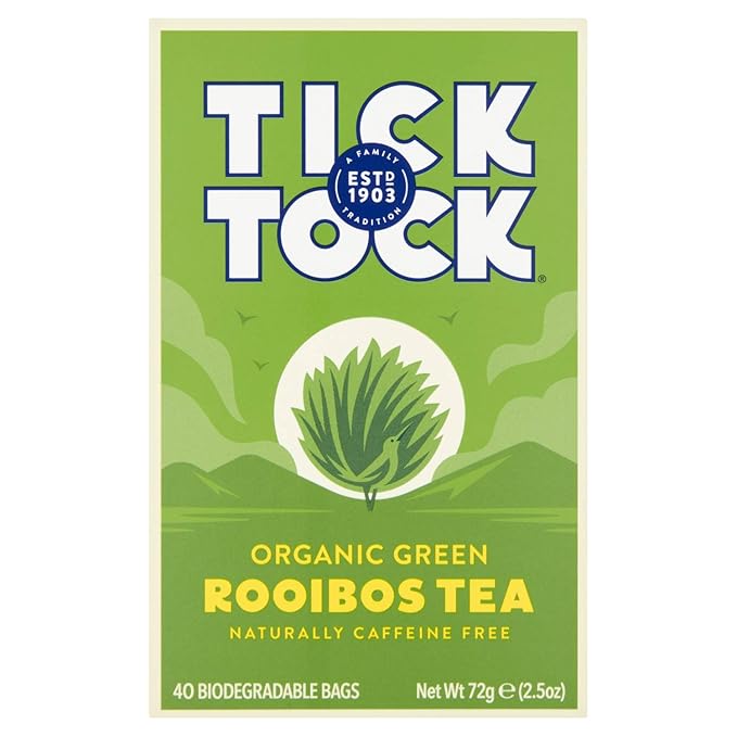 TICK TOCK TEAS Organic Rooibos Tea Green Tea Naturally Caffeine Free Red Bush Herbal Tea Rich in Anti-Oxidants South African Superfood - 40 Count (Pack of 4) Packaging May Vary