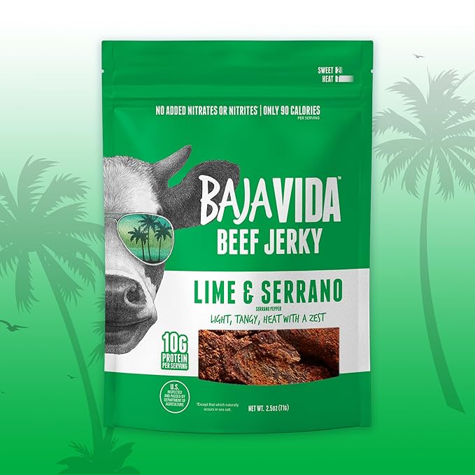 BAJA BEEF Vida Lime &amp Serrano Pepper Beef Jerky - Sweet and Spicy Beef Jerky Snack Packs Healthy Gluten-Free All-Natural No MSG Made in the USA - 2.5 Oz Bags (Pack of 4)
