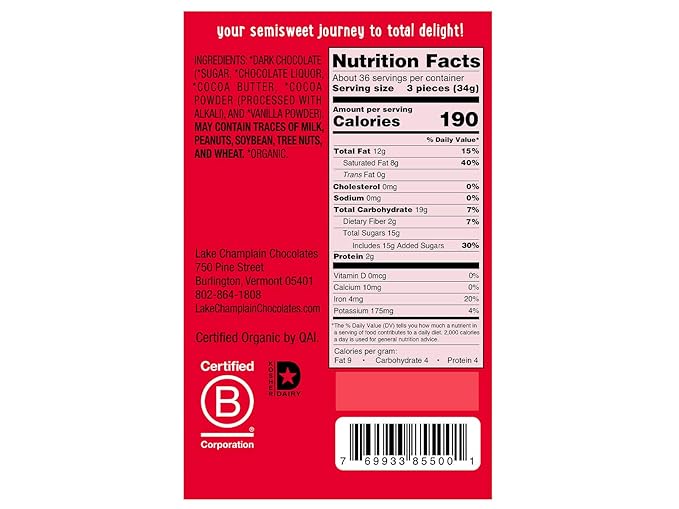 Lake Champlain Chocolates Dark Chocolate Squares Og 0.4 Ounce 106 Pack
