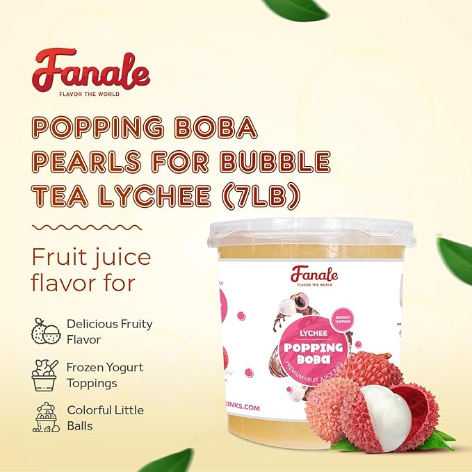 Fanale Lychee Popping Boba Pearls Vegan Non GMO Gluten Free Fat Free Perfect for Bubble Tea Smoothies Ice Cream Desserts and Beverages.