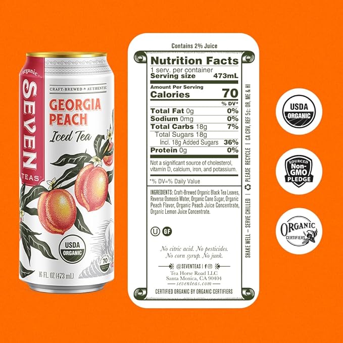SevenTeas Georgia Peach Iced Tea 16 OZ (Pack of 12 Cans) Lightly Sweetened Organic Iced Tea