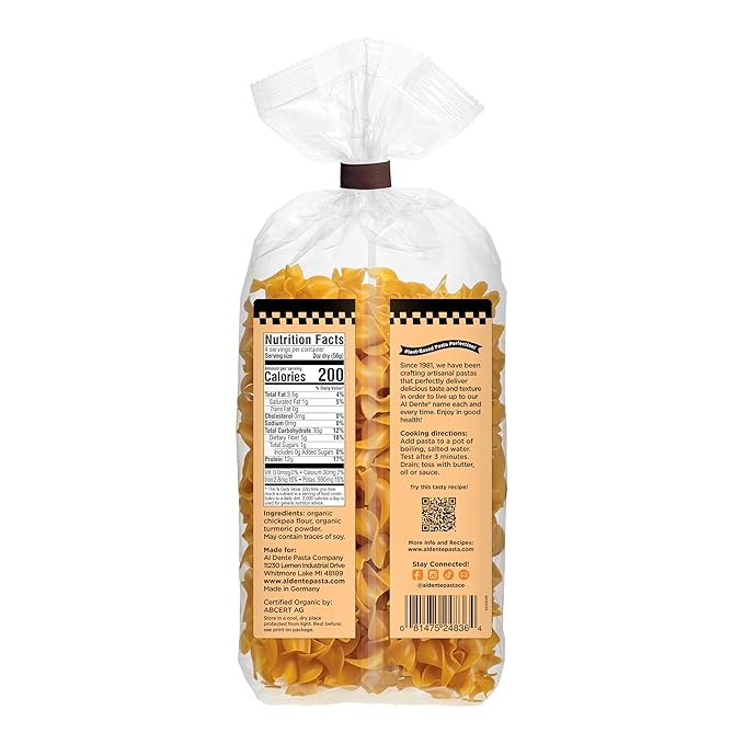 Al Dente Plant-Based Pasta Chickpea + Turmeric – Organic Gluten-Free Non-GMO Vegan High Protein Low Carb Noodles - Delicious and Versatile - Great for Soups Salads. 8oz Bags (Pack of 6)
