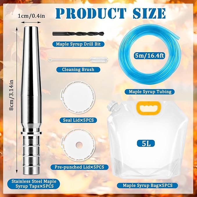 5 Sets Maple Syrup Tapping Kit Include Maple Syrup Taps 5L MapleSyrup Bags（Perforated &amp Non-perforated Two Types of Lids）16Ft Tubing Drill BitBrushMaple Tree Tapping Kit for Experts or Begin